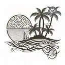 A thick line tribal tattoo with the sea and a small palm tree in the middle tattoo design idea