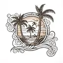 A thick line tribal tattoo with the sea and a small palm tree in the middle tattoo design idea