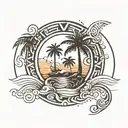 A thick line tribal tattoo with the sea and a small palm tree in the middle tattoo design idea
