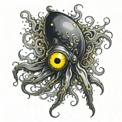 Black squid with 3 yellow eyes  tattoo design idea