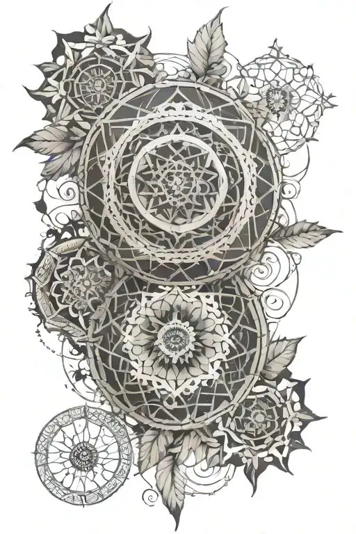A sleeve tattoo featuring intricate mandalas inspired by Stormlight Archive, Mistborn, and Game of Thrones, with elements of nature and music woven throughout tattoo design idea