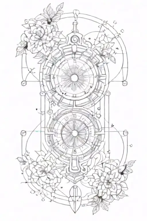 A mandala sleeve tattoo inspired by the concept of balance in nature and music, incorporating symbols of time and space in a geometric design tattoo design idea