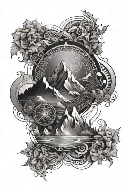 A geometric mountain range with elements of wind and water flowing through it, incorporating symbols of time and space in a mandala style sleeve tattoo tattoo design idea