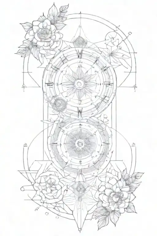 A mandala sleeve tattoo inspired by the concept of balance in nature and music, incorporating symbols of time and space in a geometric design tattoo design idea