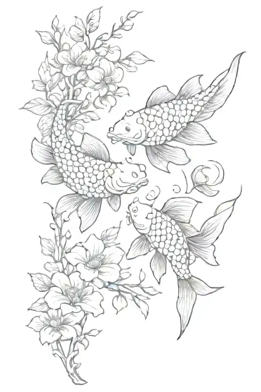 Branch full of flowers running up from the elbow and to the collarbone, two koi fishes swimming around the braches  tattoo design idea