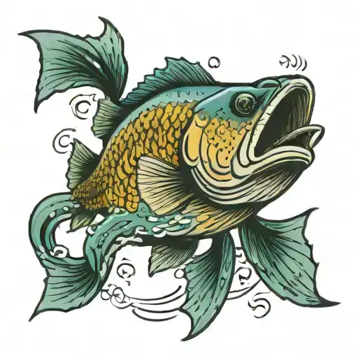 lasso around bass fish jumping out of water with words "loves you more" tattoo design idea