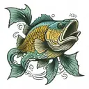 lasso around bass fish jumping out of water with words "loves you more" tattoo design idea