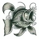 lasso around bass fish jumping out of water with words "loves you more" tattoo design idea