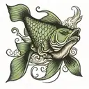 lasso around bass fish jumping out of water with words "loves you more" tattoo design idea