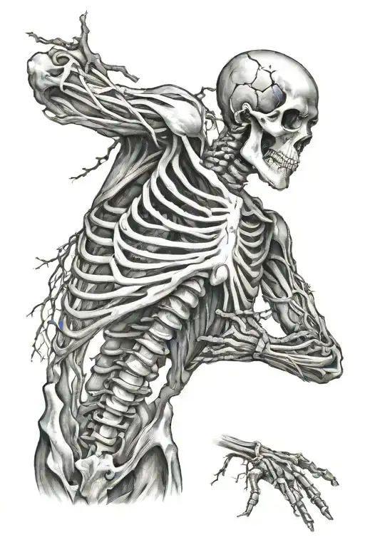 Black and grey full skeleton with his arms extended to the sides as in a cross, having his torso morfing into a tree tattoo design idea