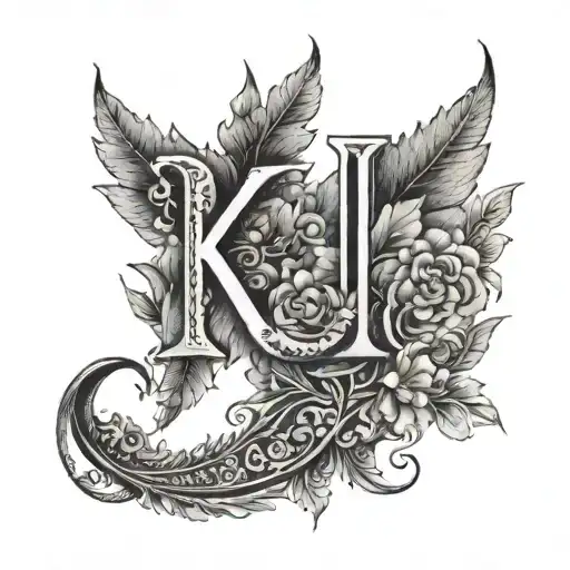 a plant-like ornament that will contain the letters D, K and shading around the ankle with an overlap on the foot. tattoo design idea