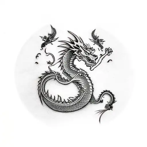 dragon, nubes, espadas, hojas tattoo design idea