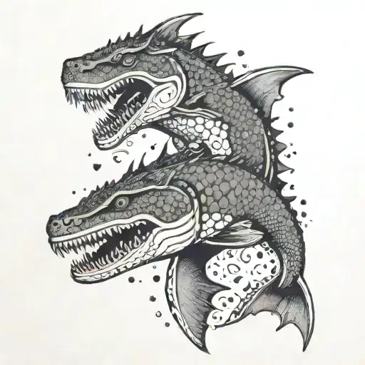 A dragon emerging from the water with a shark swimming beneath it in a dotwork style tattoo design idea