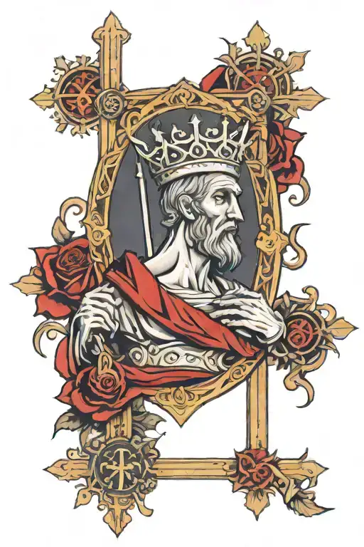 cross with throns wrapping and st. christopher walking tattoo design idea