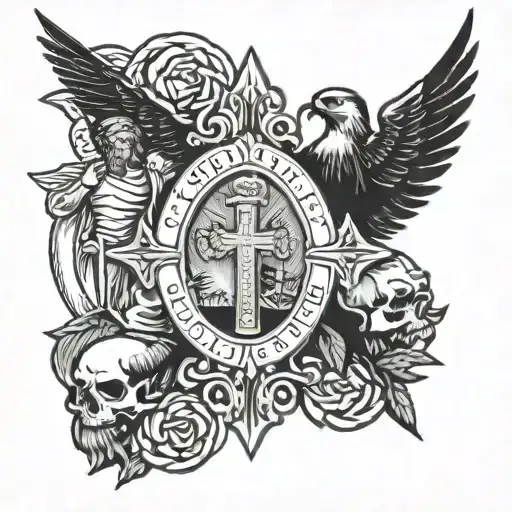 cross and st. christopher protect us tattoo design idea