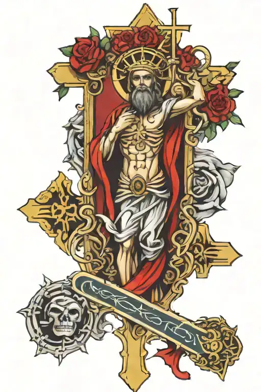 cross with throns wrapping and st. christopher holding jesus.   tattoo design idea