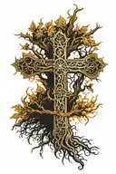 cross with throns wrapping tree with roots tattoo design idea