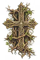 cross with throns wrapping tree with roots tattoo design idea