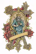 cross with throns wrapping and st. christopher walking tattoo design idea