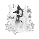 Gothic witch brewing a potion with flowers and butterflies tattoo design idea