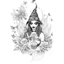 Gothic witch brewing a potion with flowers and butterflies tattoo design idea