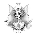 Gothic witch brewing a potion with flowers and butterflies tattoo design idea