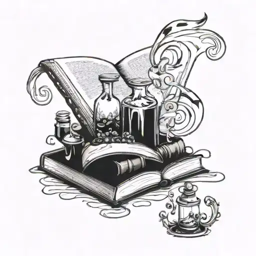 A magical book with swirling pages and potion bottles intertwined in the design tattoo design idea