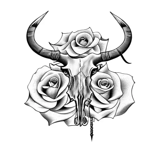 a bull skull with barbed wired and roses wrapped around the horns tattoo design idea