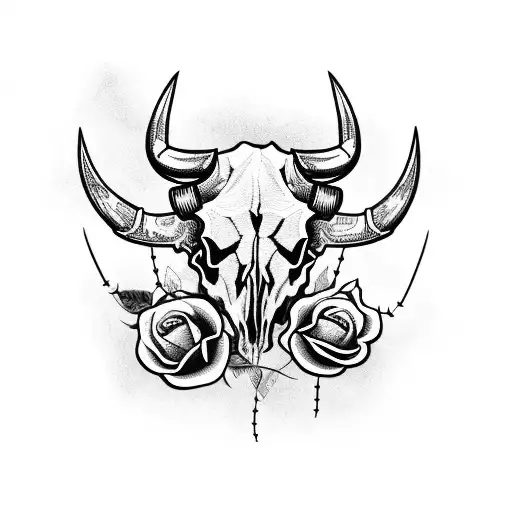 bull skull wrapped in roses and barbed wire tattoo design idea