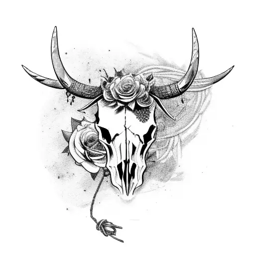 a bull skull with barbed wired and roses wrapped around the horns tattoo design idea