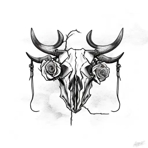 bull skull wrapped in roses and barbed wire tattoo design idea