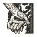 A dotwork tattoo of a forest landscape with a hidden message spelled out on the client's knuckles using trees as letters tattoo design idea