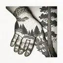 A dotwork tattoo of a forest landscape with a hidden message spelled out on the client's knuckles using trees as letters tattoo design idea