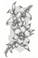 larkspur and iris over honeycomb pattern tattoo design idea