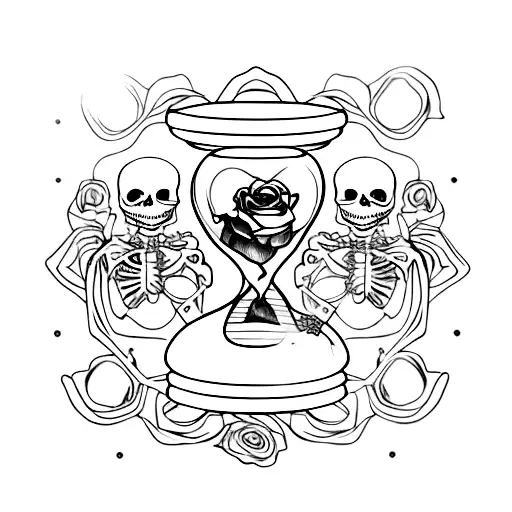 skeleton hand holding an hourglass with live and dead rosses and momento nori writing  tattoo design idea