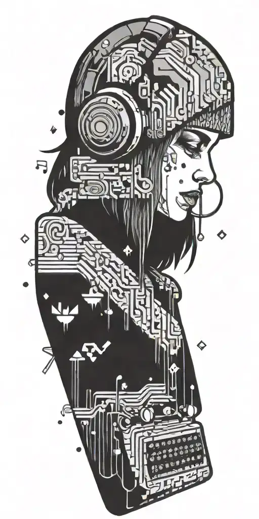 A pixelated video game character surrounded by music notes tattoo design idea