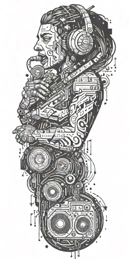 A pixelated video game character surrounded by music notes tattoo design idea