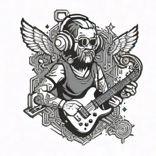 A pixelated video game character surrounded by music notes tattoo design idea
