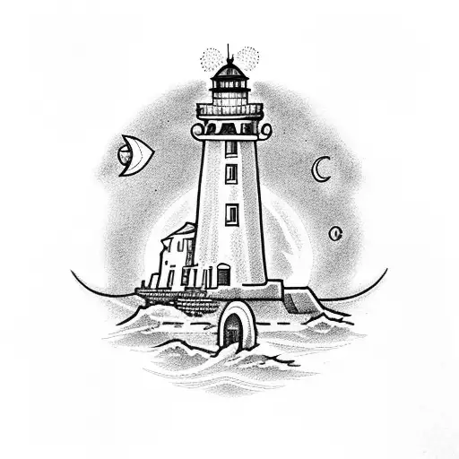 A dotwork tattoo of a lighthouse with the names 'Jonah, Sagan, Harper' incorporated into the design tattoo design idea