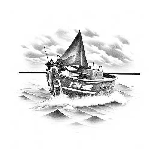 A black-grey tattoo of a serene seascape with a motorbike parked on the beach, a drum set in the sand, and a fishing rod leaning against a boat in the distance tattoo design idea