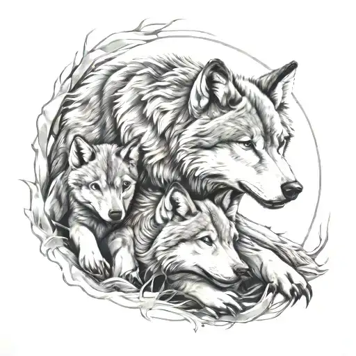 alpha wolf and two cubs tattoo design idea