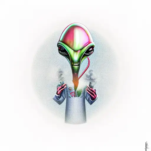 alien smoking a blunt with buckethat tattoo design idea
