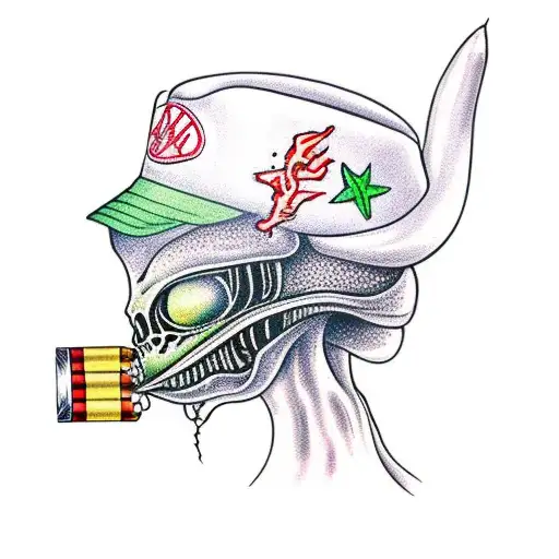 alien smoking a blunt with buckethat tattoo design idea