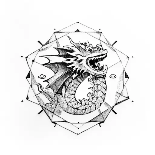 A dragon breathing fire with a 20-sided dice in its mouth tattoo design idea