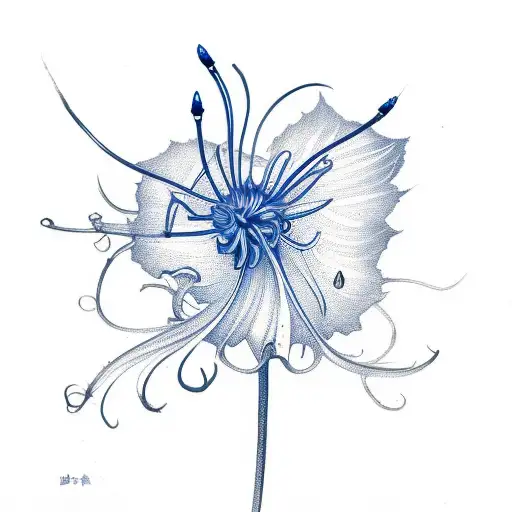 blue,gold,red spider lily with porclain skull tattoo design idea