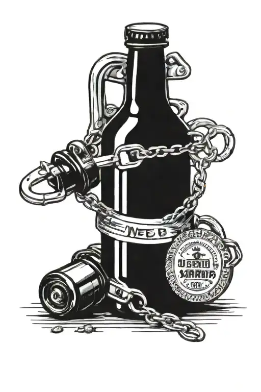 Beer bottle with handcuff on bottle and other handcuff with a severed hand that says never again tattoo design idea