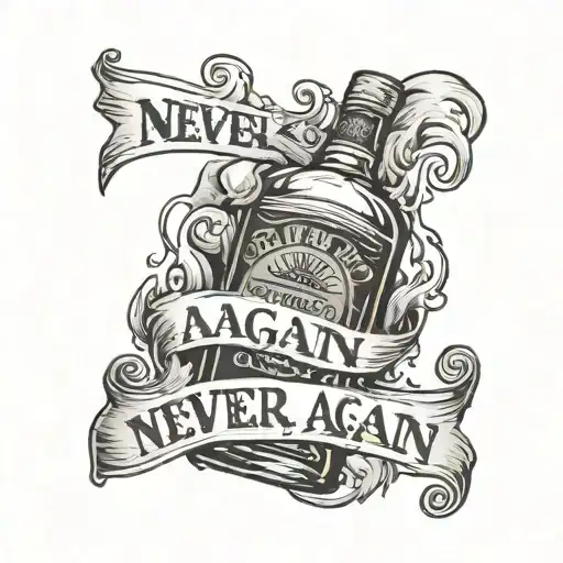 single hand holding a whiskey bottle with words  "never again" tattoo design idea