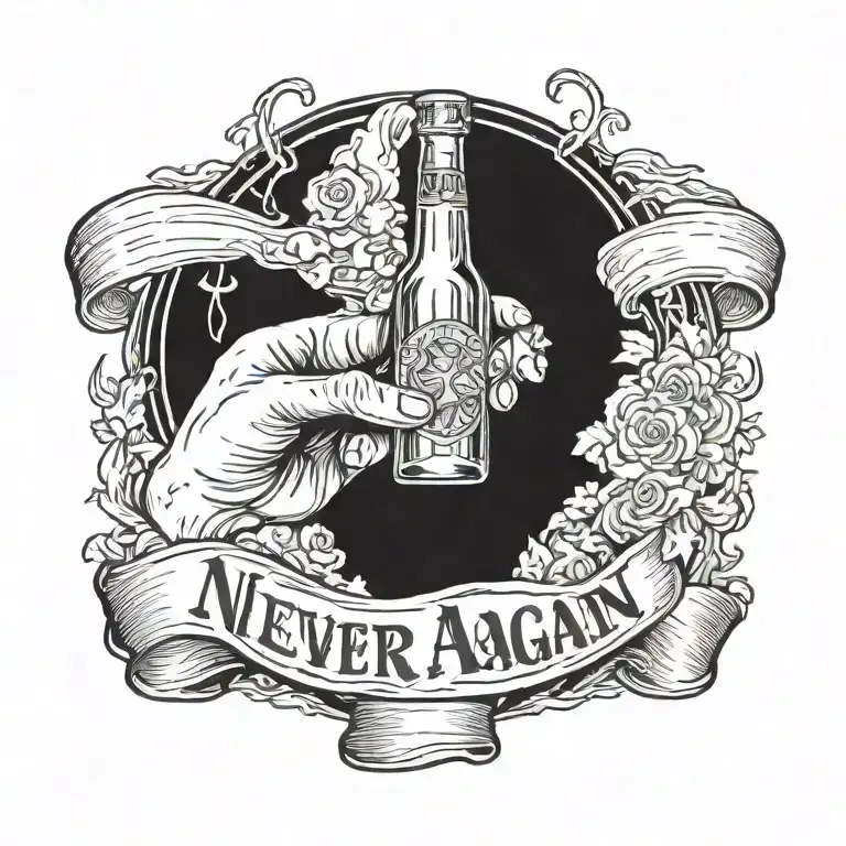 hand holding a beer bottle with the phrase, "never again" tattoo design idea