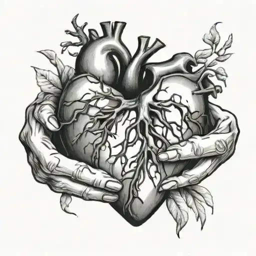 realistic heart with stitches and female hands holding it together tattoo design idea