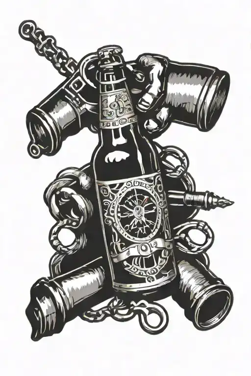 Beer bottle with handcuff on bottle and other handcuff with a severed hand tattoo design idea
